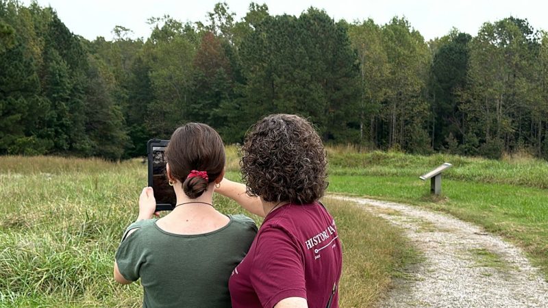 Visitors view an iPad at Pamplin Historical Park in Petersburg, Virginia. 