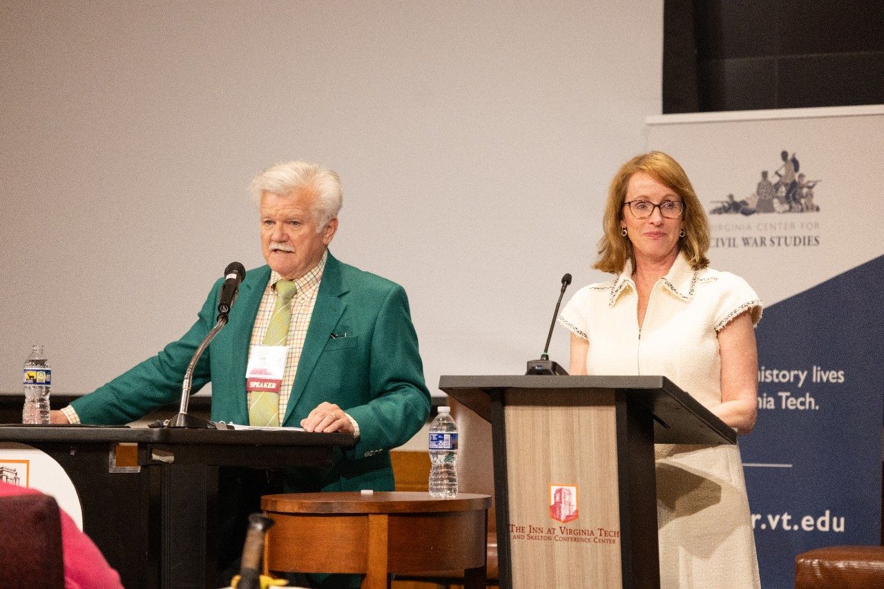 William C. “Jack” Davis and Sue Heth Bell speaking at Civil War Weekend 2025. Photo by Chase Parker for Virginia Tech. 