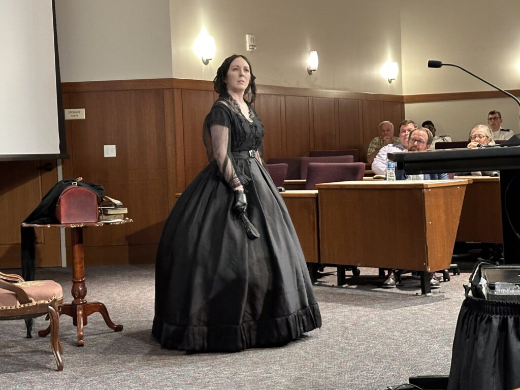 Emily Lapisardi portraying Mrs. Greenhow at the 2024 Civil War Weekend.